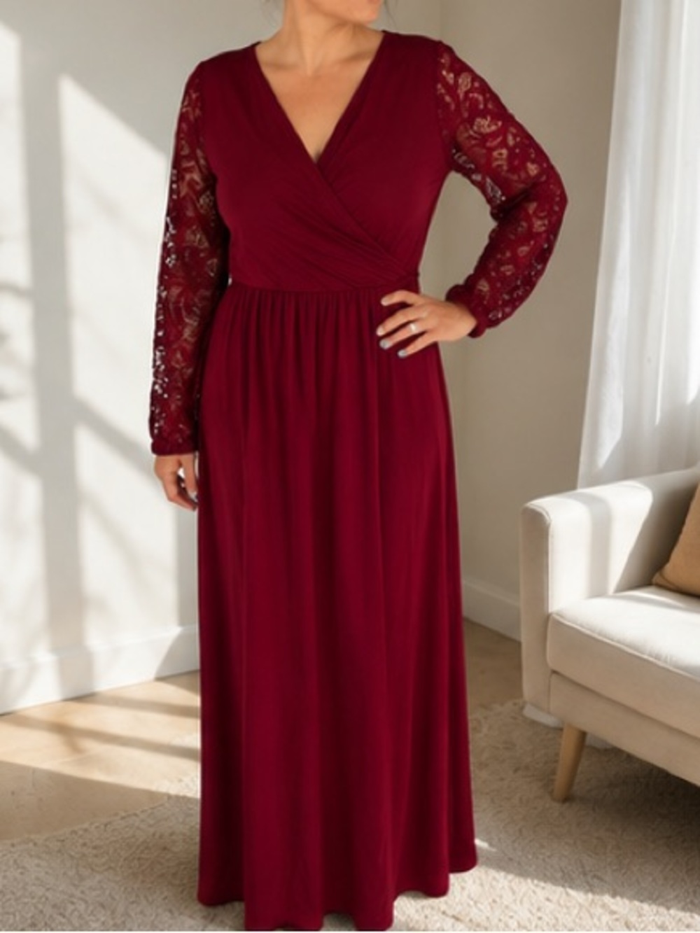 INC International Concepts Burgundy Lace-Arm Wrap Maxi Dress